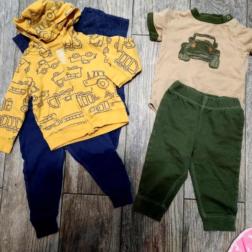 Two 9M Outfits- Construction Hoodie/Forest Green set. MOST ITEMS NWOT!